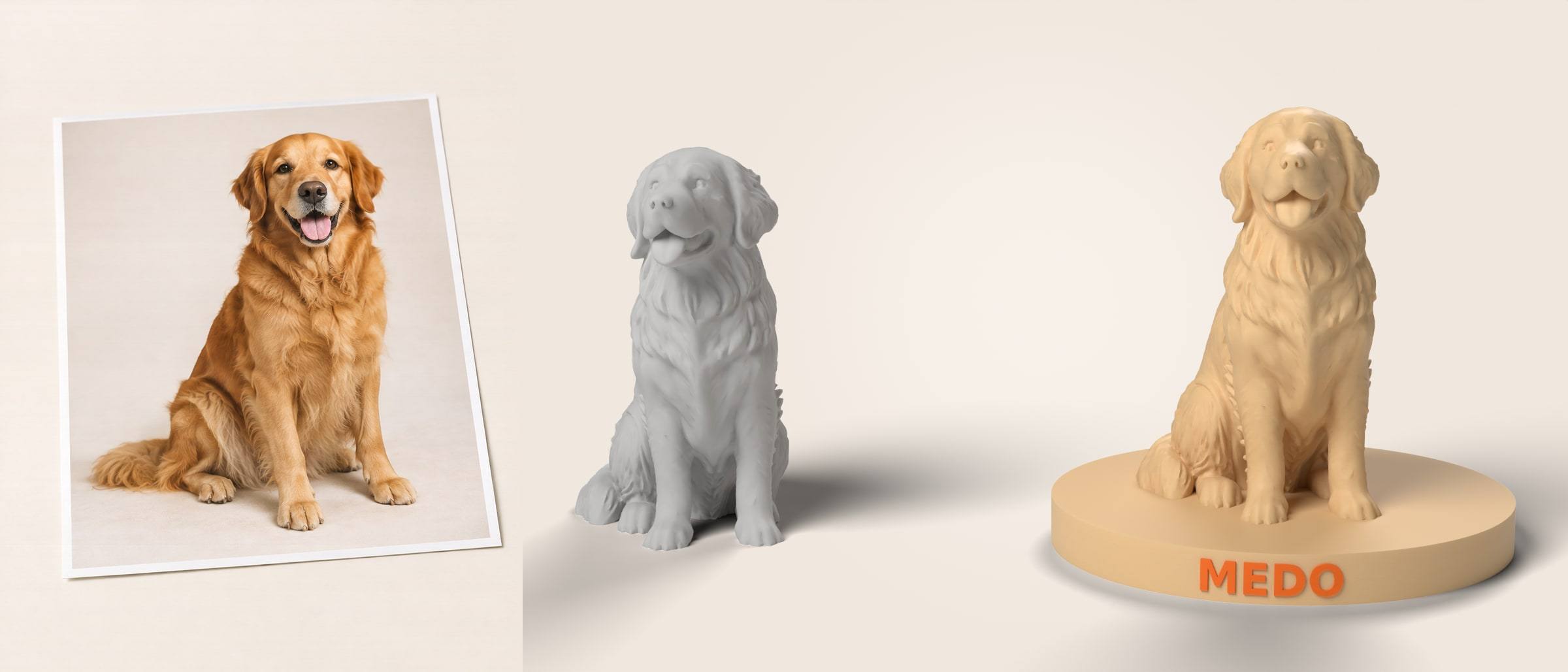 Tri koraka: fotografija psa, njegov 3D model i isprintana figurica s imenom MEDO