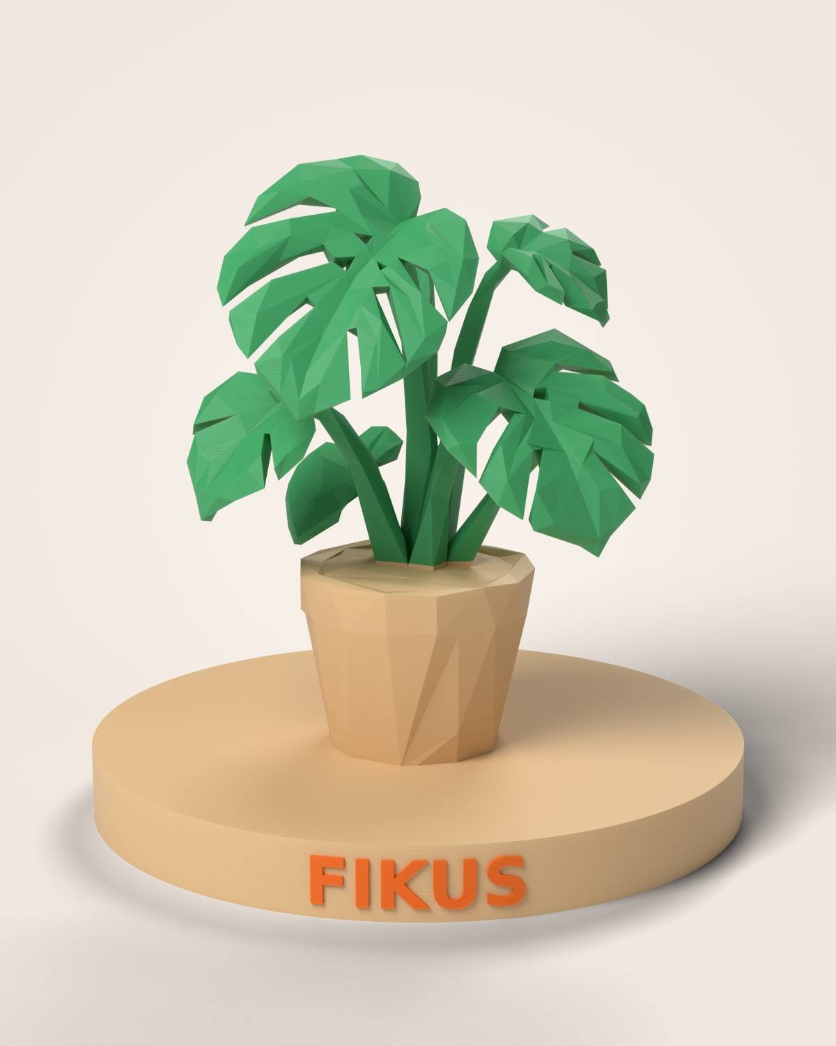 Low poly model monstere od ravnih faseta, u saksiji na postolju s imenom FIKUS