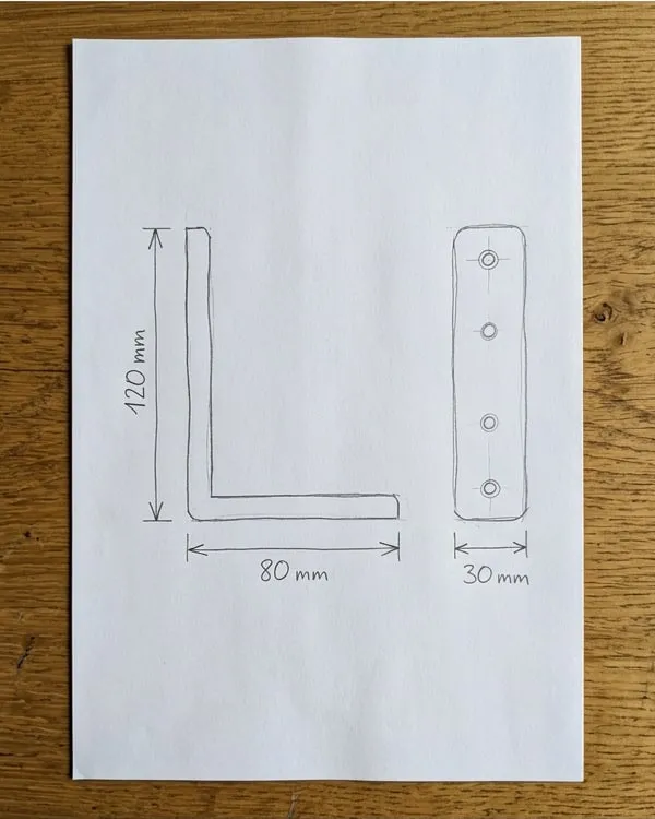 Skica nosača u obliku slova L olovkom na bijelom papiru, sprijeda i sa strane, s mjerama 120 mm, 80 mm i 30 mm